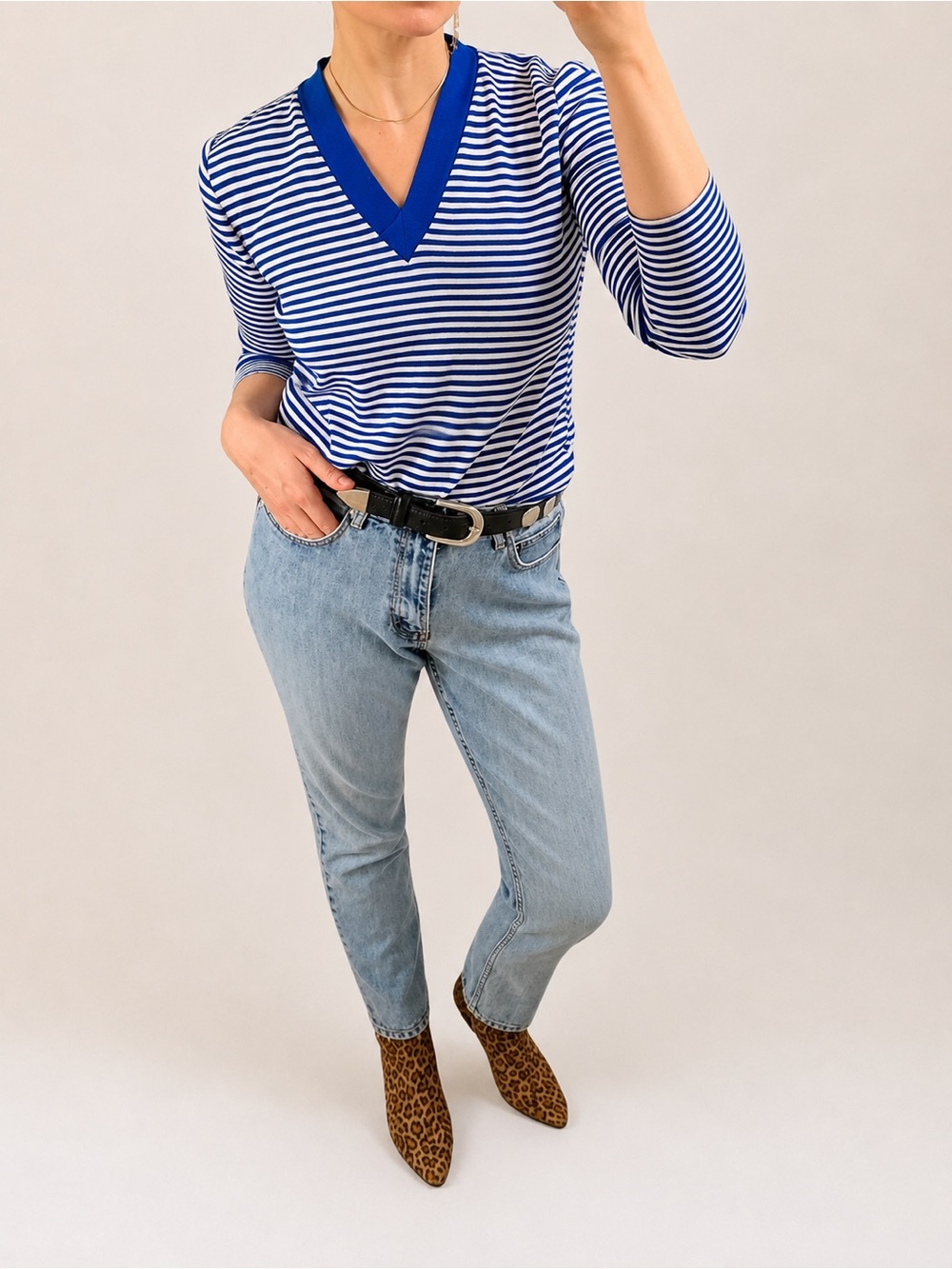 VTG Blue White Stripe V Neck Knit Pullover Sweater Jumper Academia Prep XS S M - Picture 10 of 16